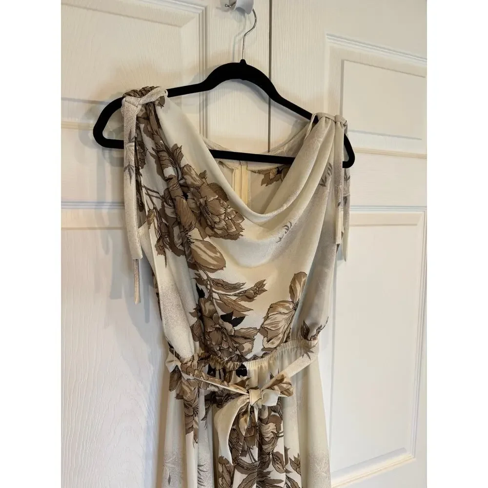Vintage Floral Print Dress Sleeveless Tie Strap Midi Cream Brown - Picture 4 of 8